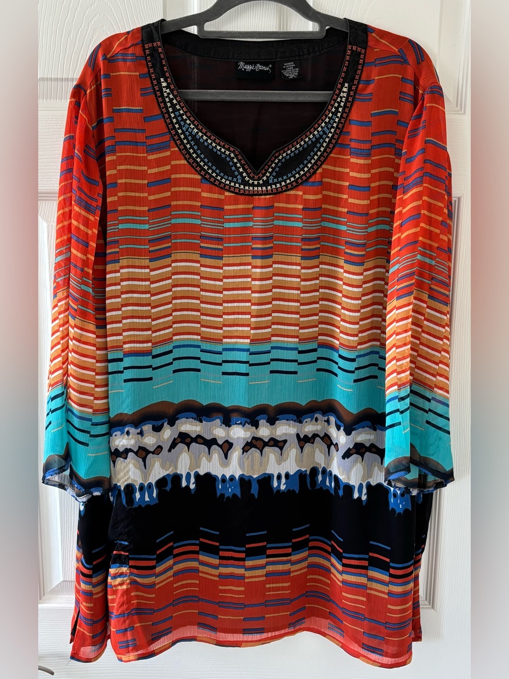 Maggie Barnes Coral, Turquoise & Black Embroidered Scoop-Neck Tunic